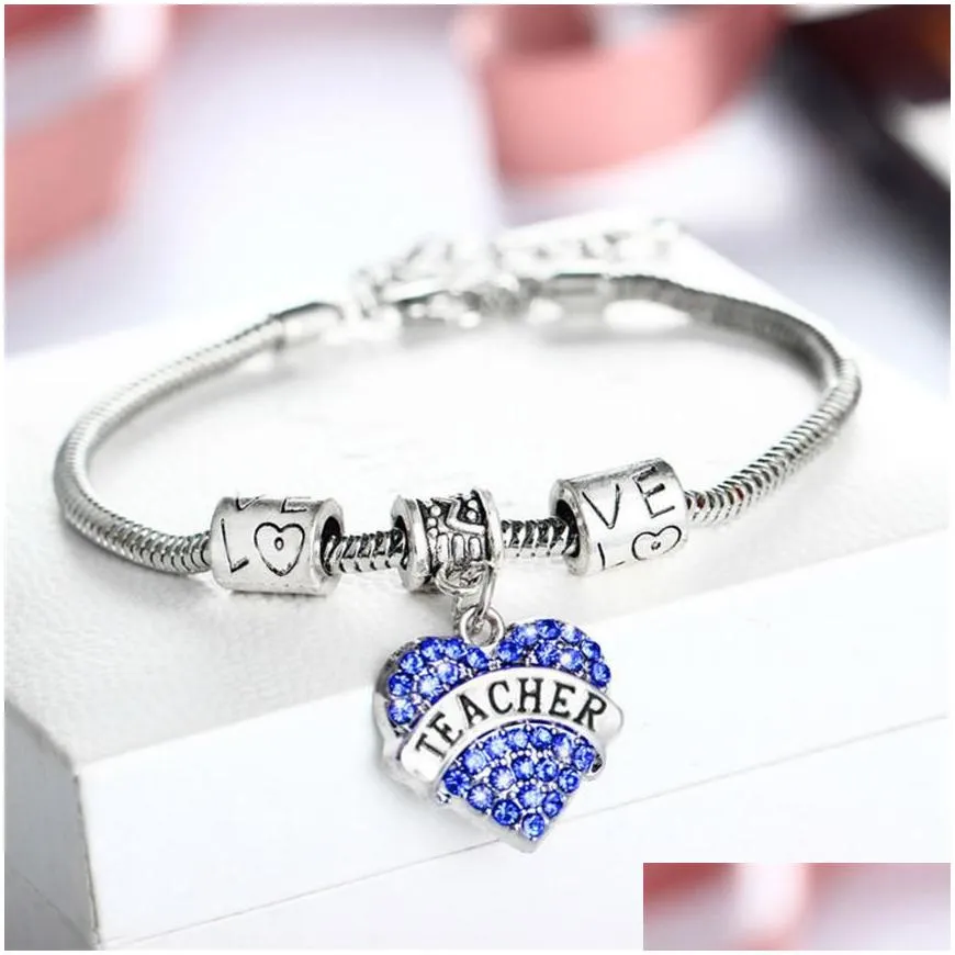 Whole- Heart Blue Crystal Teacher Gifts Bracelets Charm Bangle Bracelet Teacher`s Day Souvenirs297q