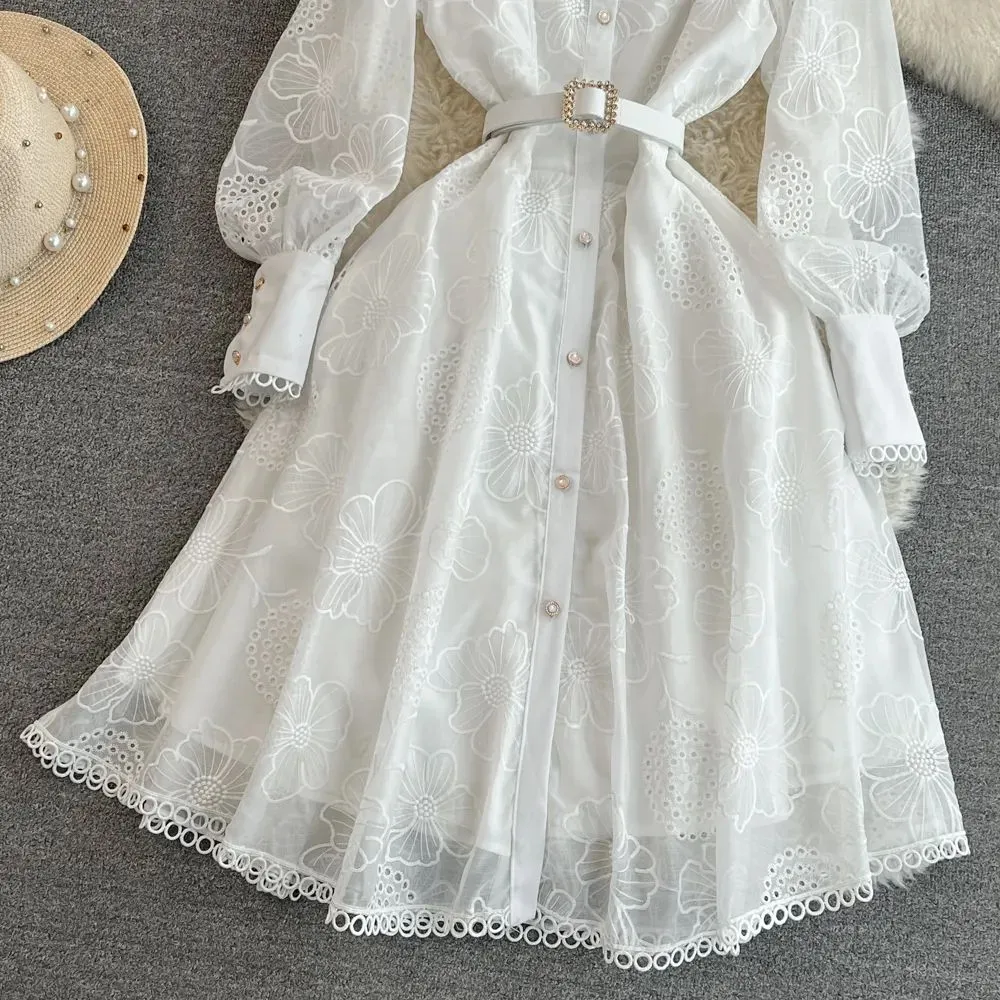 Basic Casual Dresses Beaded Belt Button Hollow Flower Hook Vintage White Black Lace Dress Women Elegant Lantern Sleeve Single Breasted Vestidos