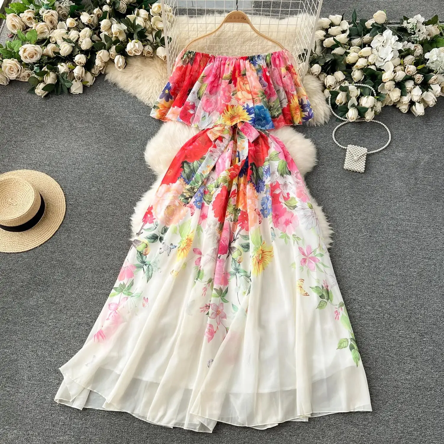 Casual Dresses 2024 Summer Off Shoulder Gorgeous Flower Holiday Chiffon Flowy Dress Women`s Bow Belt Elastic Waist Floral Print Long
