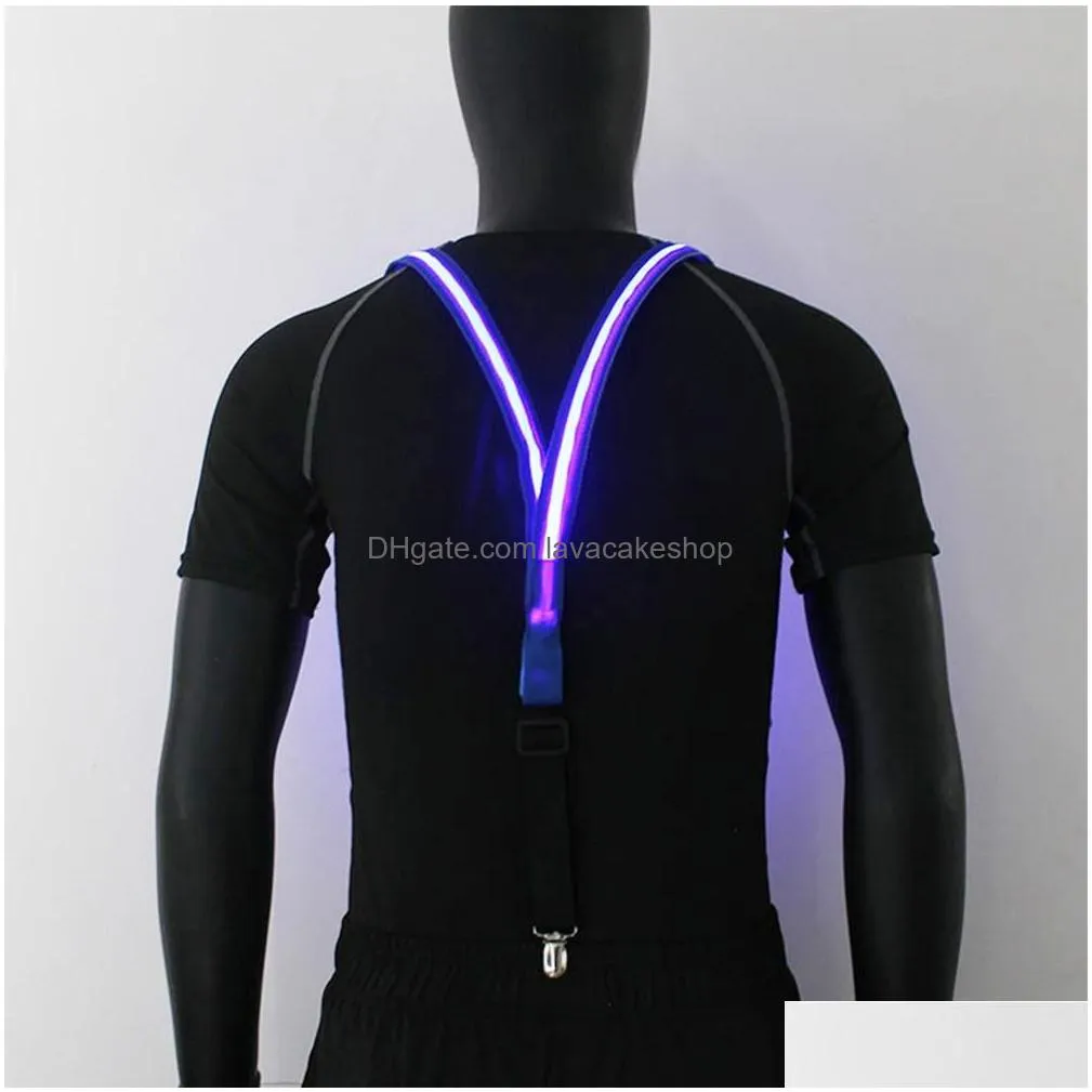 Other Festive & Party Supplies Mens Led Light Up Suspenders Uni 3 Clips-On Braces Vintage Elastic Y-Shape Adjustable Trousers Suspende Dhcgr