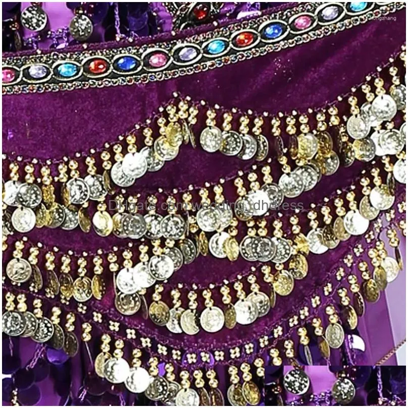 stage wear ladys belly dance hip scarf skirt accessories with wave gold coins egyptian dancing velvet wrap belt