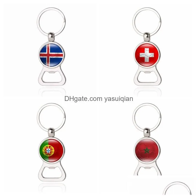Key Rings Football Bottle Opener Chains With Country Flags Keyrings Beer Souvenir Spain Russia Germany Soccer Fans Keychains Jewelry Dhqbc
