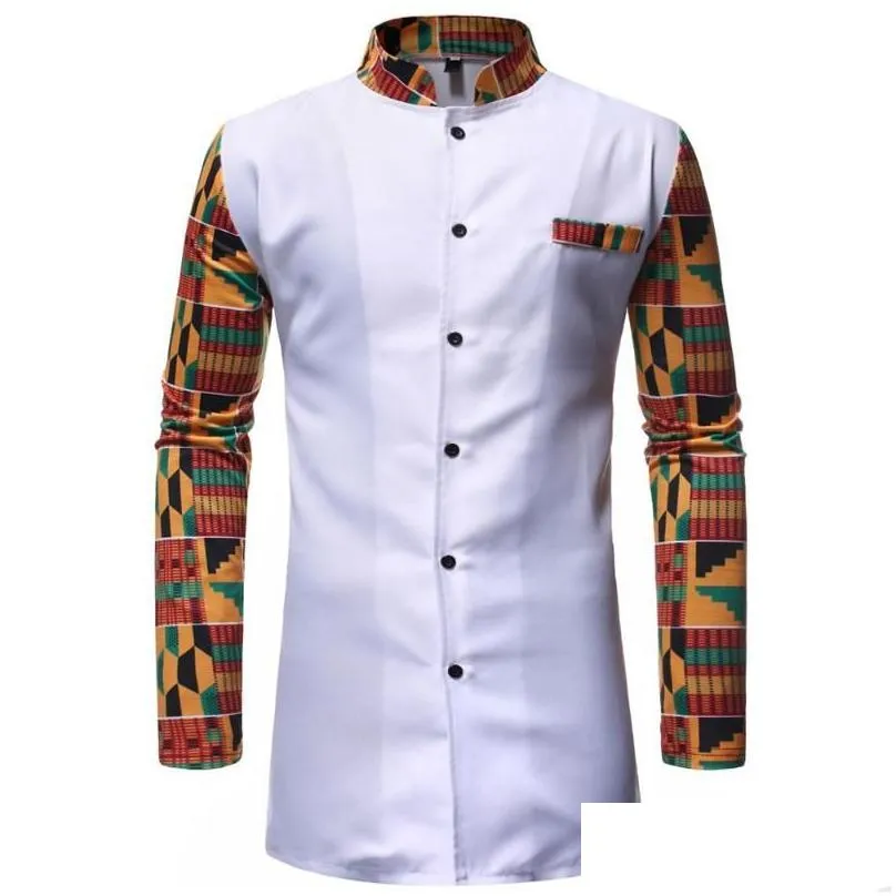 Men`S Tracksuits Mens African Clothing Two Piece Suit White Printed Dashiki Set For Men Long Sleeve Shirt Tops And Pants Bazin Riche Dhjnx