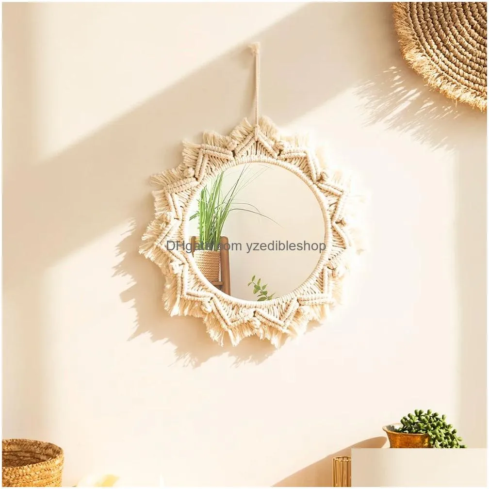 boho macrame round mirror decorative mirrors aesthetic room decor hanging wall mirror for bedroom living room house decoration