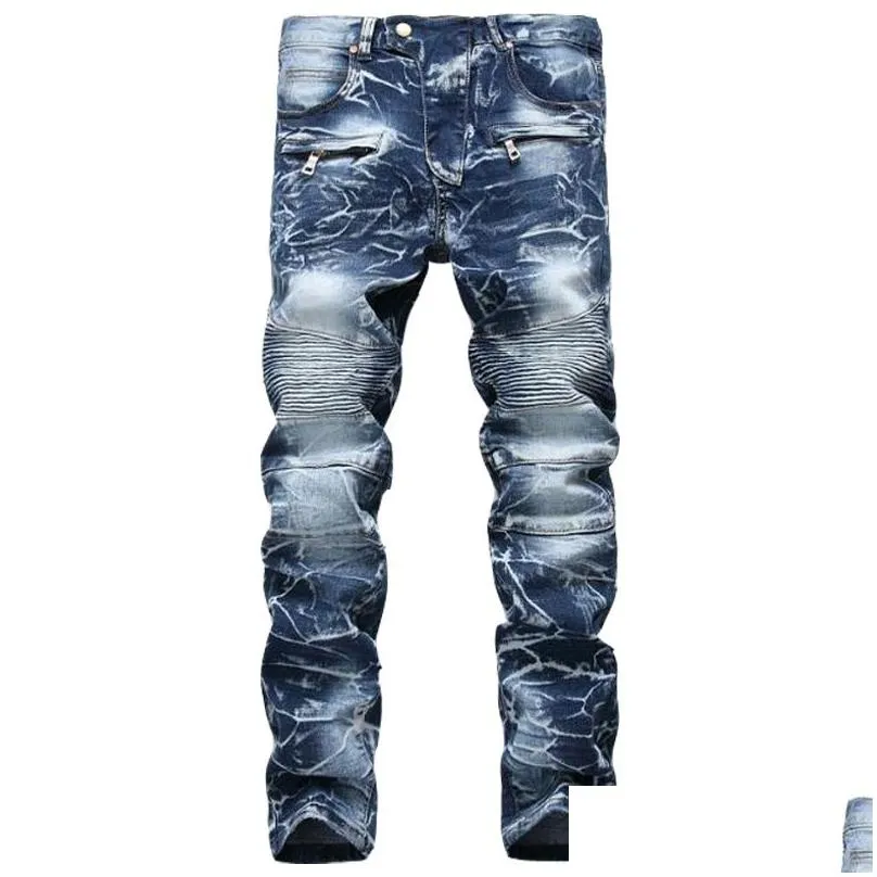 Men`S Jeans Jewuto Men Brand High Quality Hole Straight Moto Biker Denim Pants For Black Blue Drop Delivery Apparel Clothing Dhan6