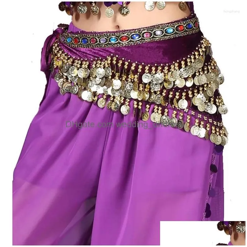 stage wear ladys belly dance hip scarf skirt accessories with wave gold coins egyptian dancing velvet wrap belt