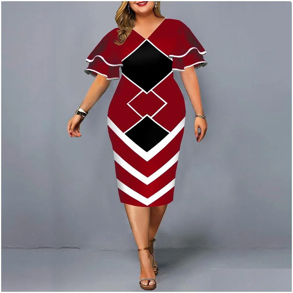 Plus Size Dresses Womens Bodycon Elegant Geometric Print Evening Party Dress Layered Bell Sleeve Casual Club Outfits Drop Delivery Ap Dhxrz