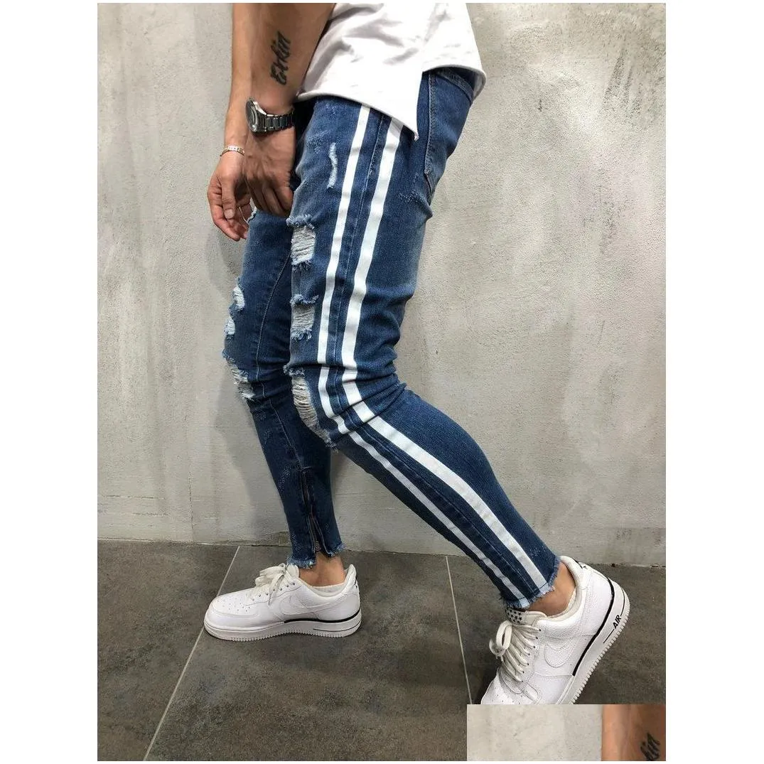 Men`S Jeans Mens Blue Denim Ripped Slim Fit Side Striped Male Skinny Pencil Pants Casual Trousers With Zippers Drop Delivery Apparel Dhuns