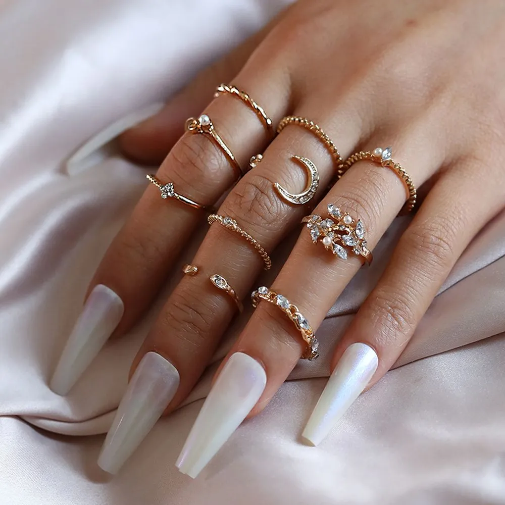 10Pcs/Set New Bohemian Gold Color Chain Rings Set Boho Coin Snake Moon Rings Party For Women Fashion Jewelry Gifts