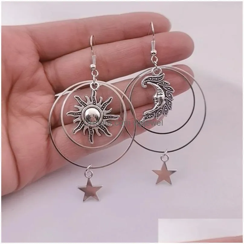 Charm The Sun Moon Star Earrings Tibetan Sier Hoop Boho Pagan Gift Celestial Earring Drop Delivery Jewelry Dh6Xf