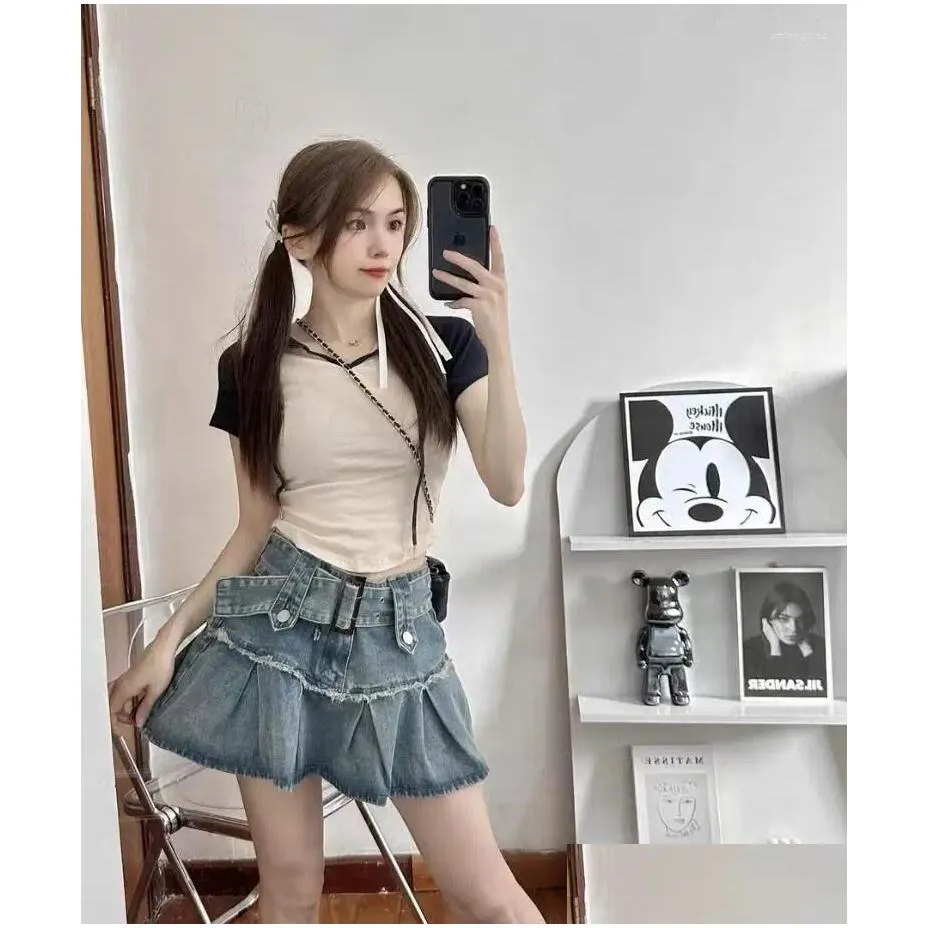 Skirts 2024 Spring Summer Denim Pleated Skirt Women High Waist Slim A-Line Mini Q614