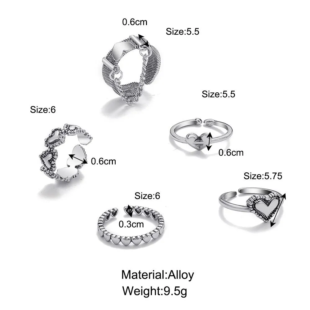 Punk Love Heart Ring Set 5pcs Personality Temperament Zircon Silver Color Geometric Rings for Women Fashion Goth Jewelry
