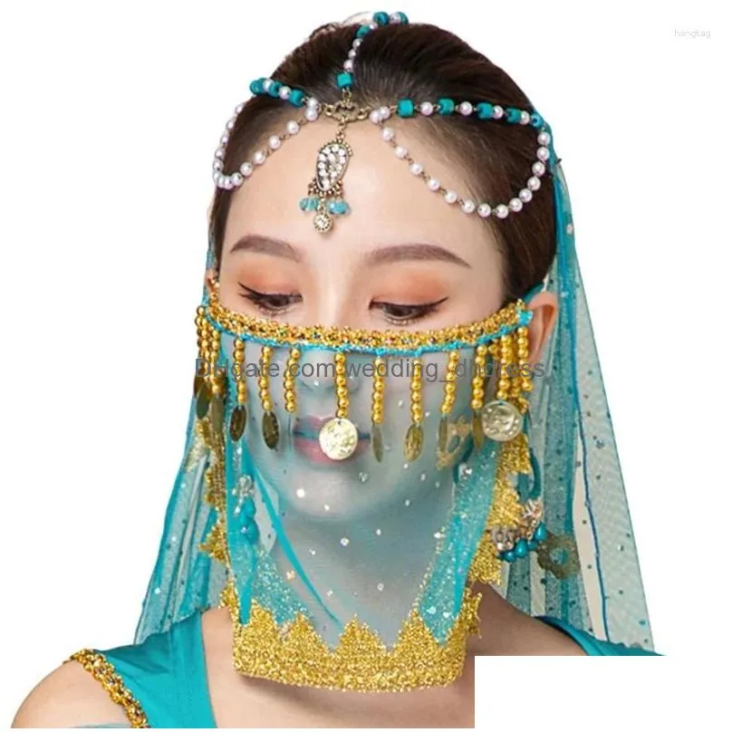 stage wear women belly dance tribal face veil halloween costume accessory beaded mask veils