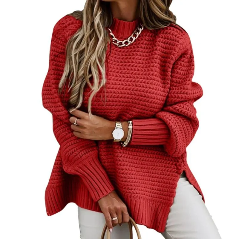 Women`s Sweaters Autumn And Winter Style Long-Sleeved Womens Half-High Neck Solid Color Drawstring Side Slit Knit Sweater
