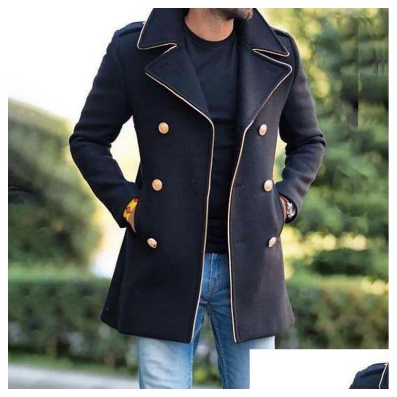 Men`S Wool & Blends Designer Mens Lapel Neck Double Breasted Slim Fit Coat Jackets Men Autumn Winter Warm Coats Casual Fashion For Mal Dhiyg