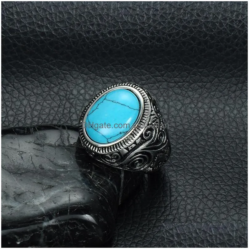 Solitaire Ring Mens Turquoise Crack Stone Rings Vintage Retro Stainless Steel Natural Carved Finger For Boys Fashion Punk Jewelry Dro Dhjuk