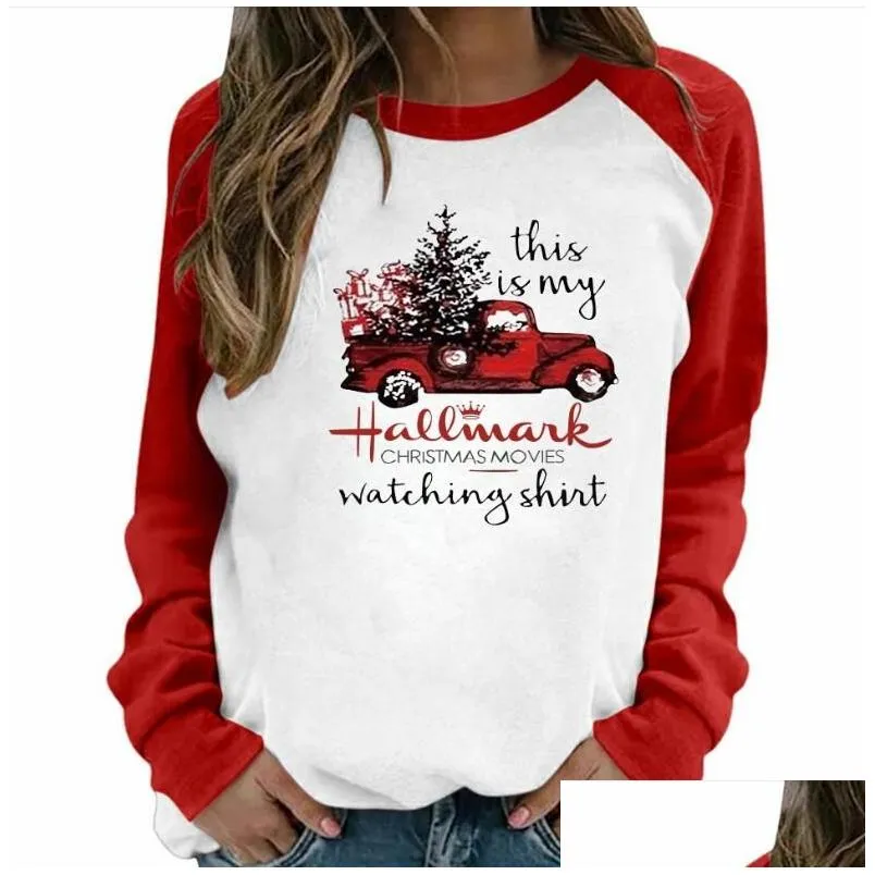 Long sleeved T-shirt, round neck, contrasting color, long sleeved Christmas car print, European and American cross-border top Dhoab