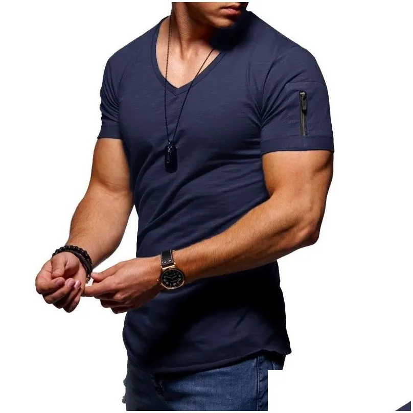 Men`S T-Shirts Mens 9 Colors T Shirts V-Neck Stretch T-Shirt Solid Color Zipper Design Short Sleeve Bottoming Shirt Casual Clothes Dro Dhac0