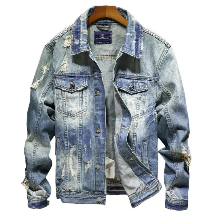 Denim Jackets Men  Slim Fit Bomber Jacket Men`s Ripped Jean Jacket Hip Hop Streetwear Coats