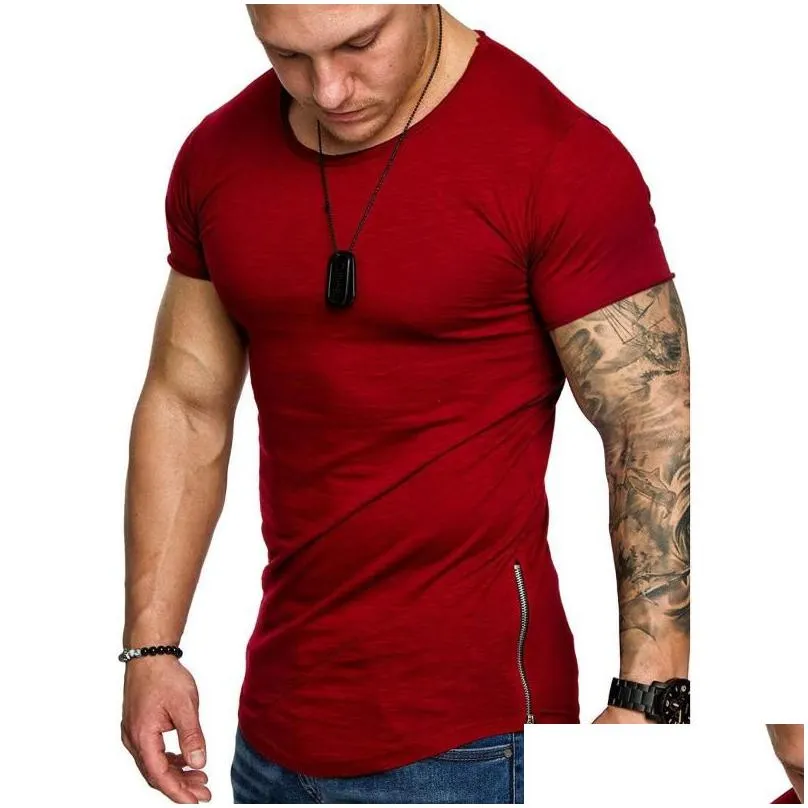 Men`S T-Shirts Mens Moomphya Solid Color Skinny Side Zipper T Shirt Longline Slim Fit T-Shirt Men Hip Hop Streetwear Summer Tops Drop Dh4Zv