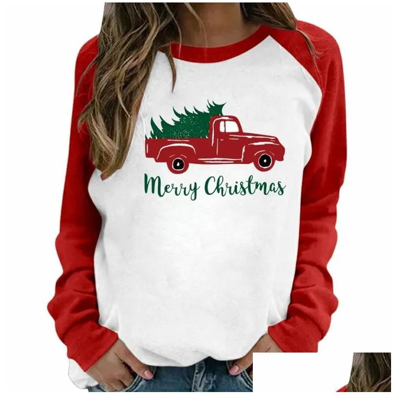 Long sleeved T-shirt, round neck, contrasting color, long sleeved Christmas car print, European and American cross-border top Dhoab