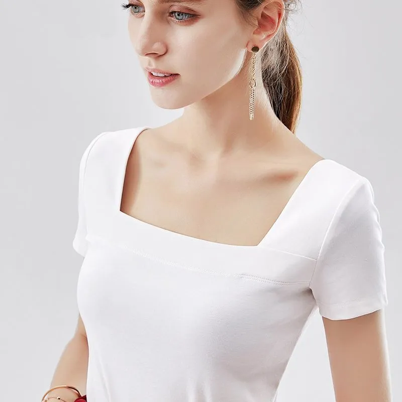 Summer Cotton square neck T shirt women short-sleeved clothes Slim Sexy tops Red White Black retro womens T-shirts 008