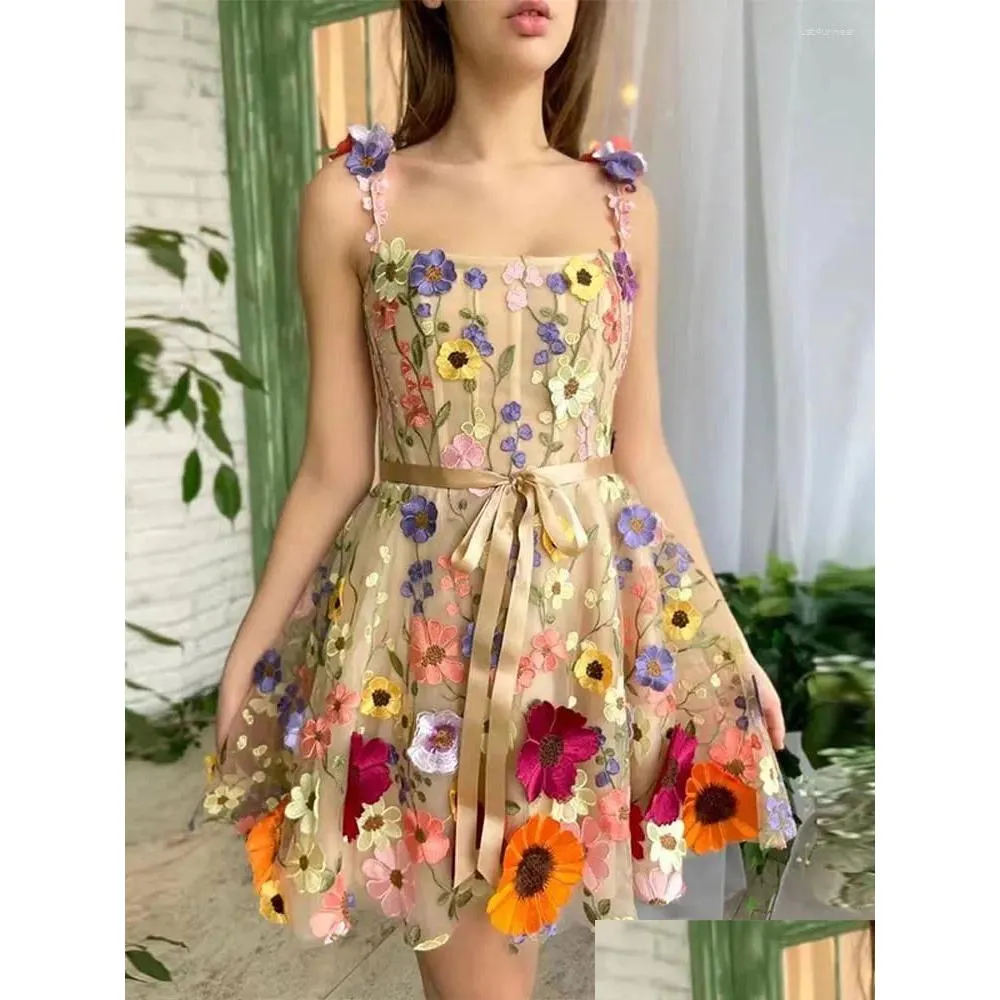 Casual Dresses 3D Flower Tulle Square Neck Mini Sling Dress Female Backless A-line Gown Short Vestidos Women Chic Evening Cocktail