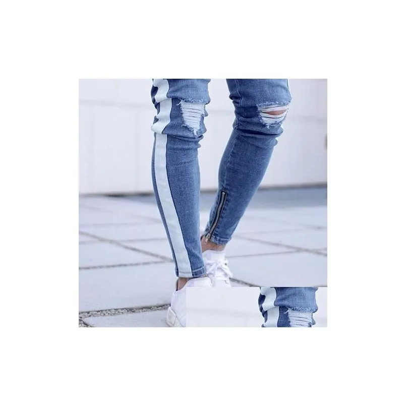 Men`S Jeans Mens Ripped Vintage Side Striped Pencil Pants Male Distrressed Slim Fit Skinny With Drop Delivery Apparel Clothing Dhugz