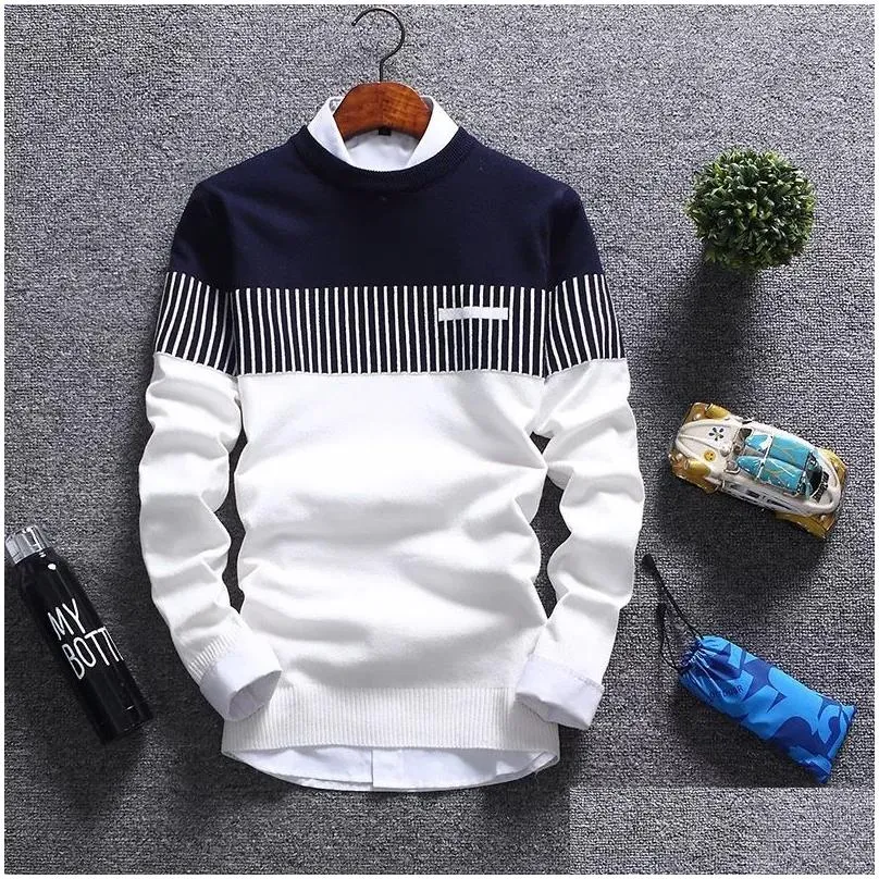Men`S Sweaters 3 Colors Mens Knitted Sweater Color Matching Stripes O-Neck Casual Winter Male Long Sleeves Woolen Shirt Atutumn Plove Dhosa