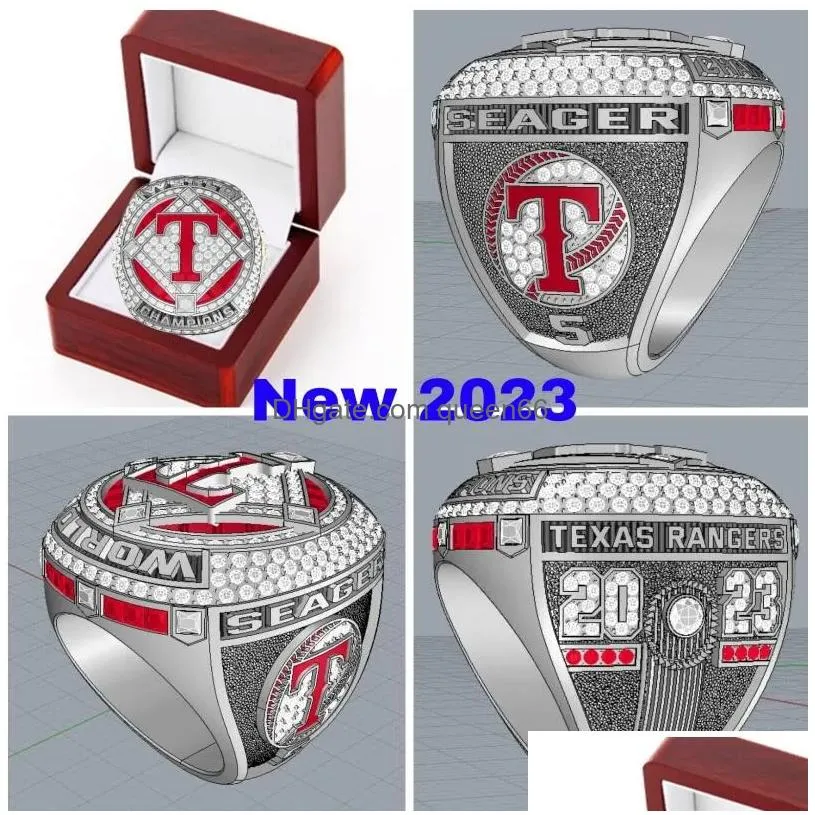 With Side Stones 2022 2023 Baseball Rangers Seager Team Champions Championship Ring Wooden Display Box Souvenir Men Fan Gift Brithday Dhm1I