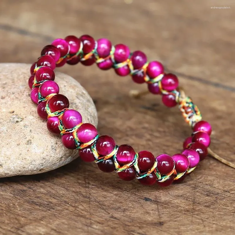 Charm Bracelets 6mm Rose Red Tiger Eye Stone Beads Braided Bracelet Double Layer Women Friendship Strand Handmade Jewelry