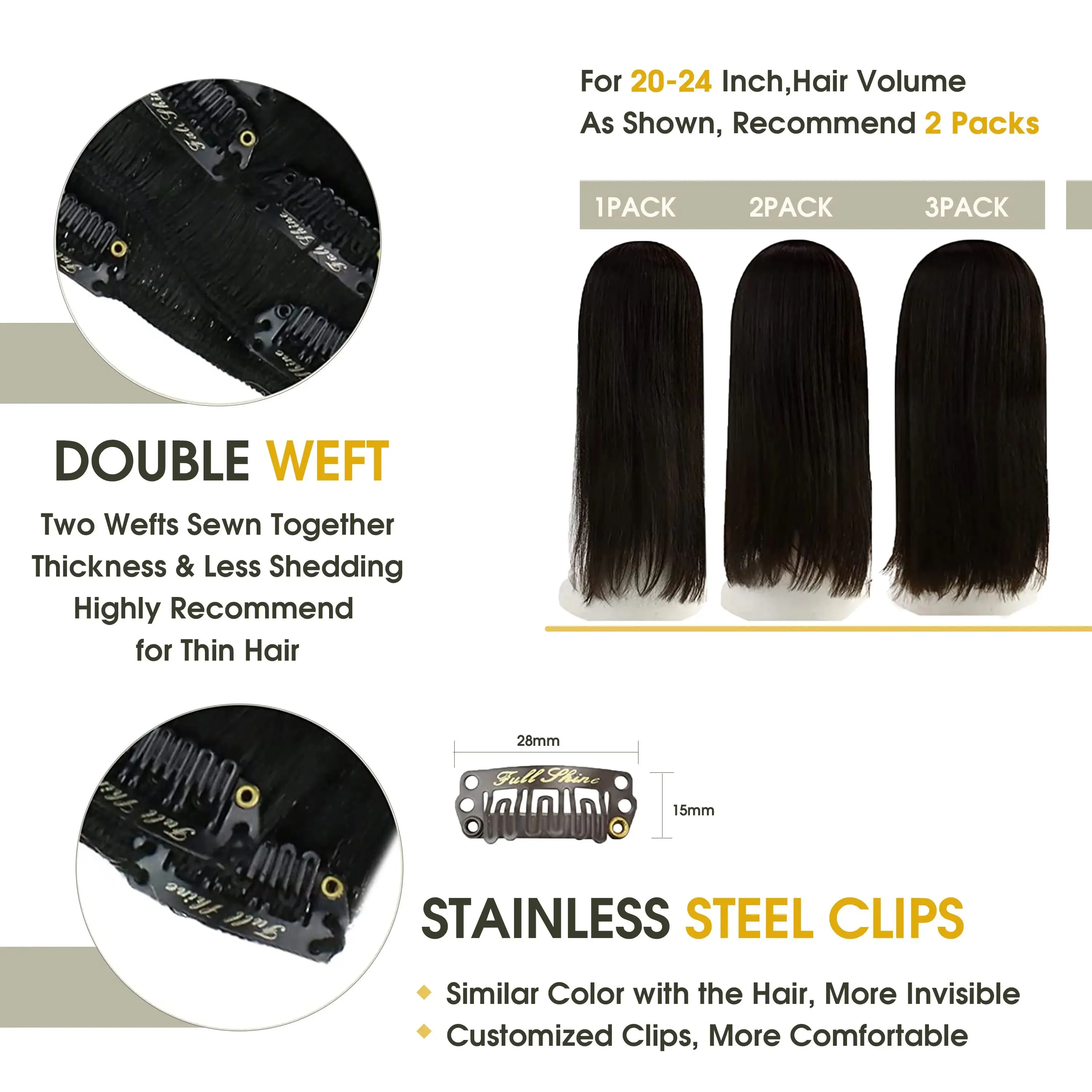 Extensions Full Shine Clip in Hair Extensions Human Hair Black Color 7Pcs 80105g Human Hair Clip in Extentions Remy Hair 1024inch