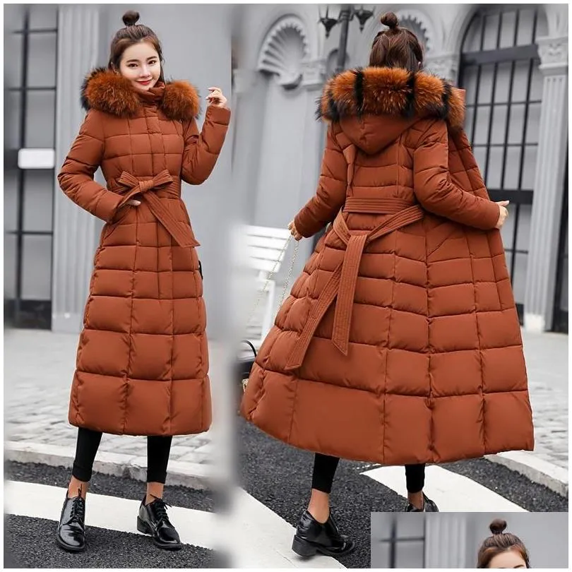 Women`S Down & Parkas Womens 2021 Winter Jacket Warm Fashion Bow Belt Fur Collar Coat Long Drop Delivery Apparel Clothing Outerwear Co Dhqye