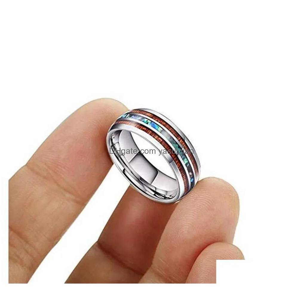 Band Rings 8Mm Wide Wood And Blue Opal Stainless Steel For Men Women Never Fade Wooden Titanium Finger Ring Fashion Jewelry Gift Drop Dh2Od