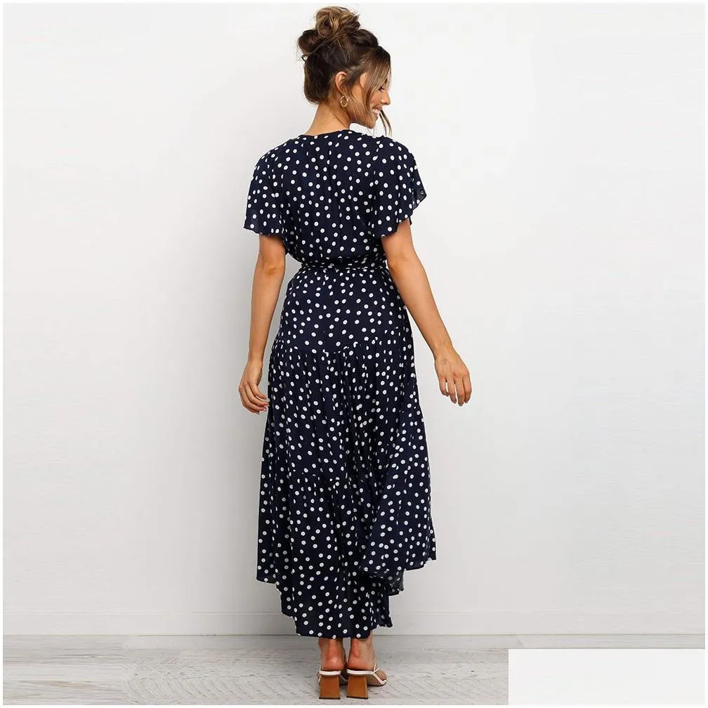 Basic & Casual Dresses Women Pleated V-Neck Polka Short Sleeve Dress Spring And Autumn Clothes Y Drop Delivery Apparel Women`S Clothi Dhbgh