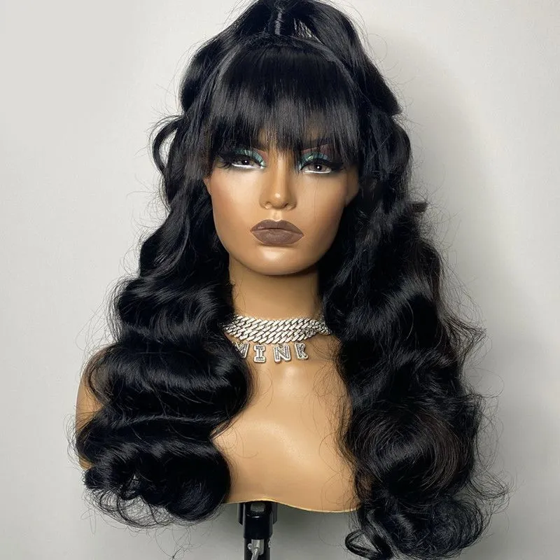 55 Scalp Silk Top Glueless Lace Front Wigs Brazilian Remy Body Wave with Full Bangs For African American3452046