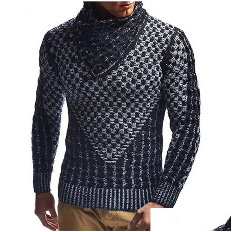 Men`S Sweaters Leather Buckle Coarse Sweater Men Turtleneck Mens Knitted Plover Casual Autumn Elastic Knitting Coat Knitwear Pl 3Xl D Dhhwk