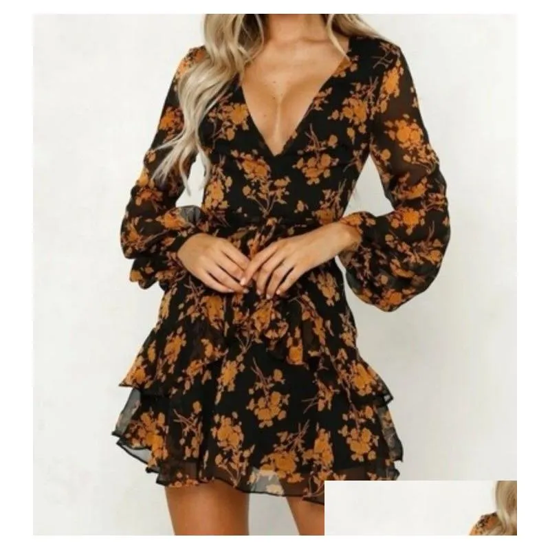 Basic & Casual Dresses Women Long Sleeve Tiered Fashion V-Neck Flower Printing Dress Spring And Autumn Clothes French Elegance Y Midi Dhfaf