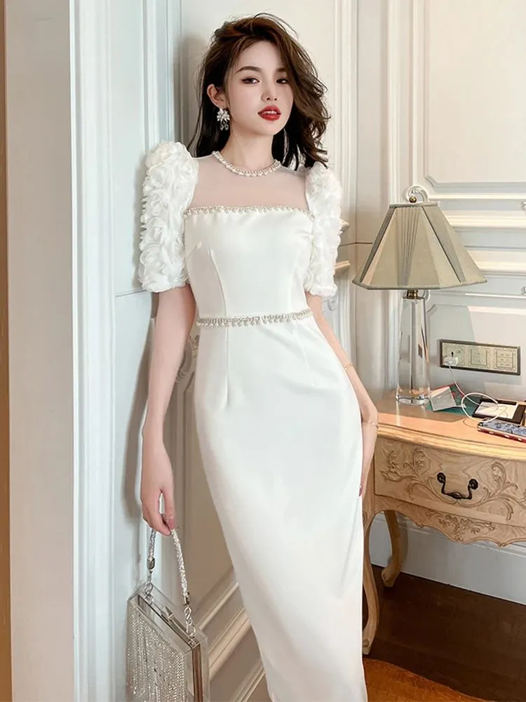 Basic Casual Women Dresses Summer New Formal Dress Sweet Celebrity Beaded White Long Dress Sheer Mesh Flowers Split Slim Robe Femme Prom Party Vestido