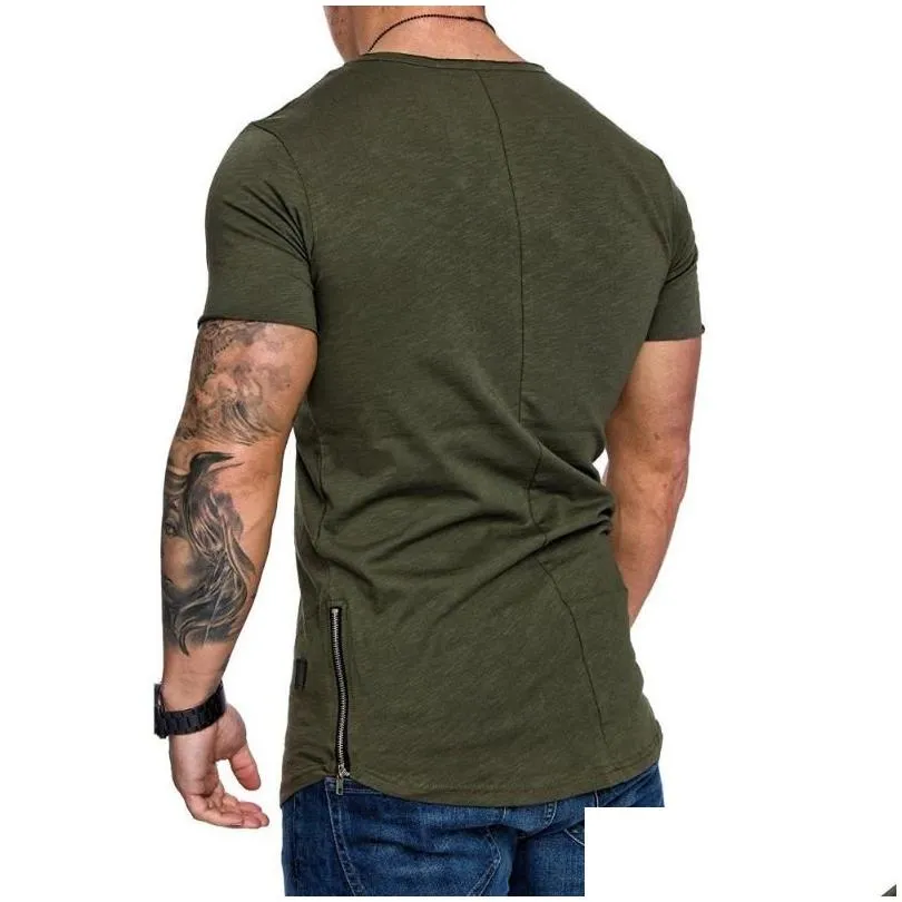 Men`S T-Shirts Mens Moomphya Solid Color Skinny Side Zipper T Shirt Longline Slim Fit T-Shirt Men Hip Hop Streetwear Summer Tops Drop Dh4Zv