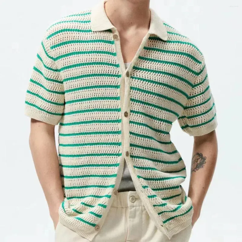 Men`s Polos Summer Fashion Vintage Knit Polo Shirt Men High Quality Stripe Color Matching Top Casual Cardigan Short Sleeve