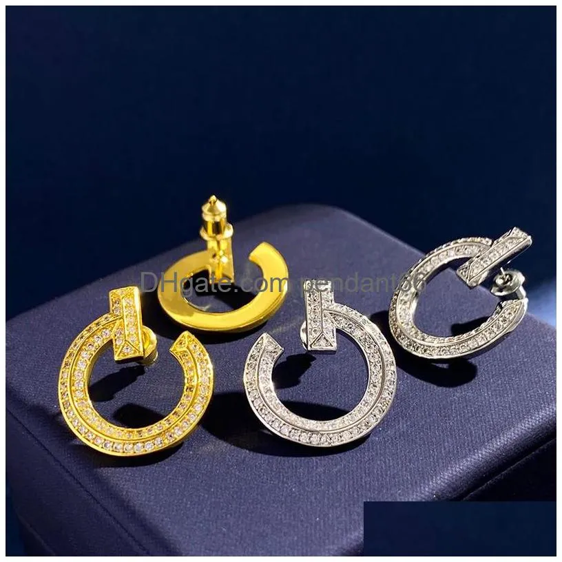 luxury full diamond crystal hoop t earrings brand classic designer womens earrings fashion korean plating 18k gold earring jewelry