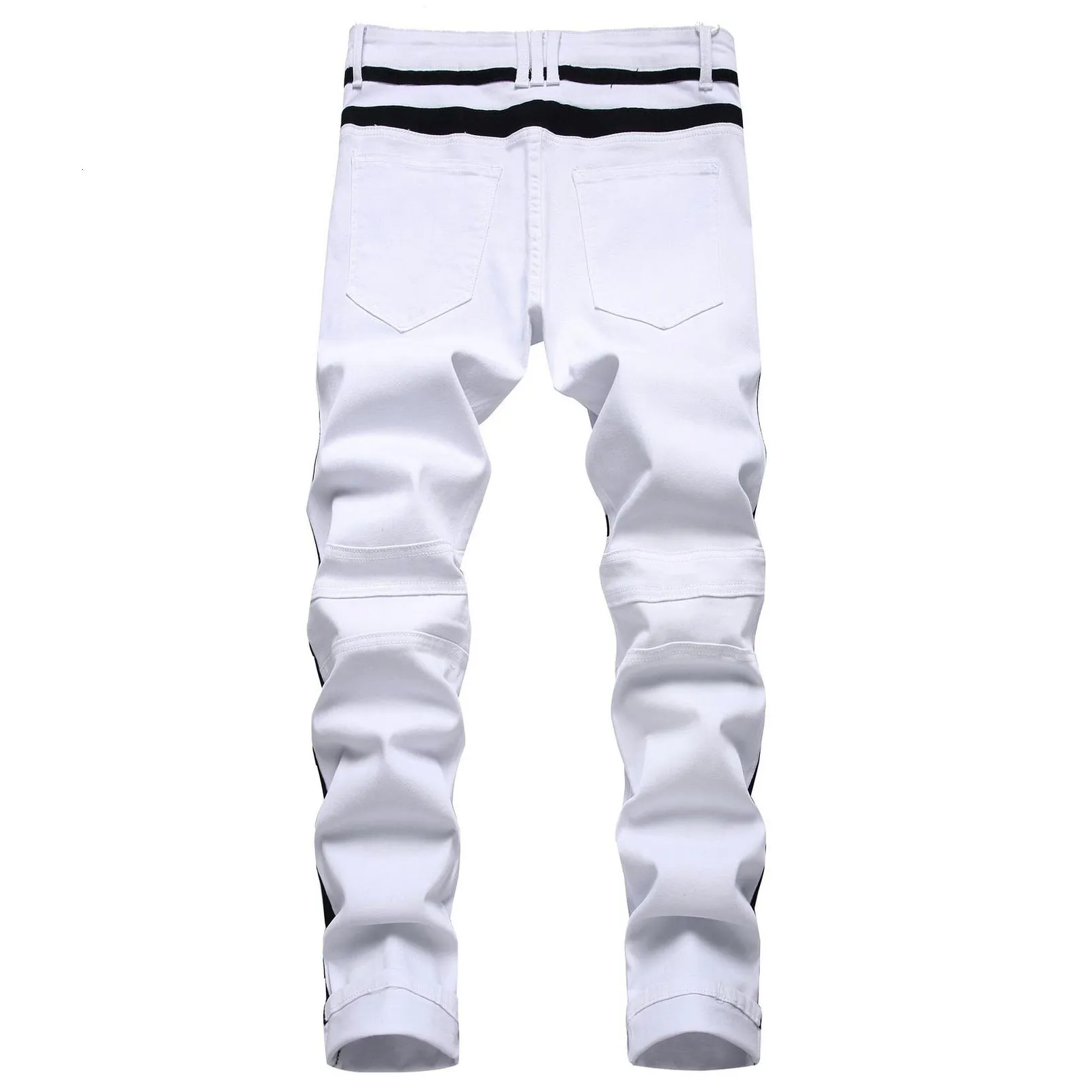 Men`s Jeans Punk Men Zipper Hip Hop Slim Fit White Bike Elastic Split Denim Pants Cotton Fashion Casual Jogging Male Clothing 230909