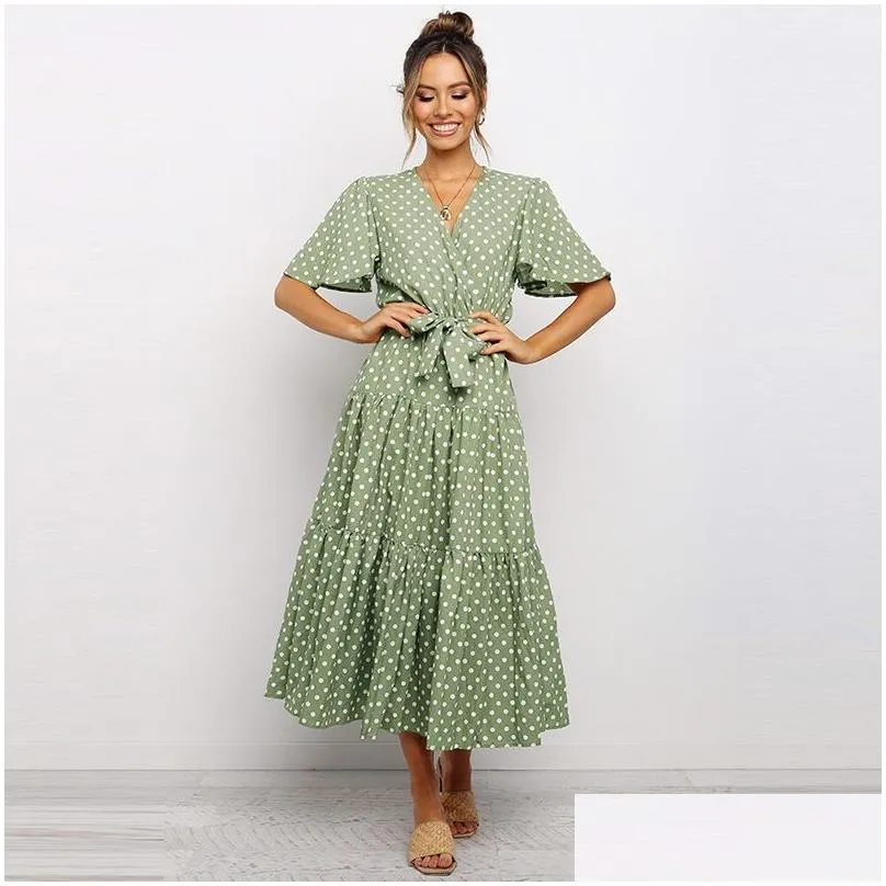 Basic & Casual Dresses Women Pleated V-Neck Polka Short Sleeve Dress Spring And Autumn Clothes Y Drop Delivery Apparel Women`S Clothi Dhbgh