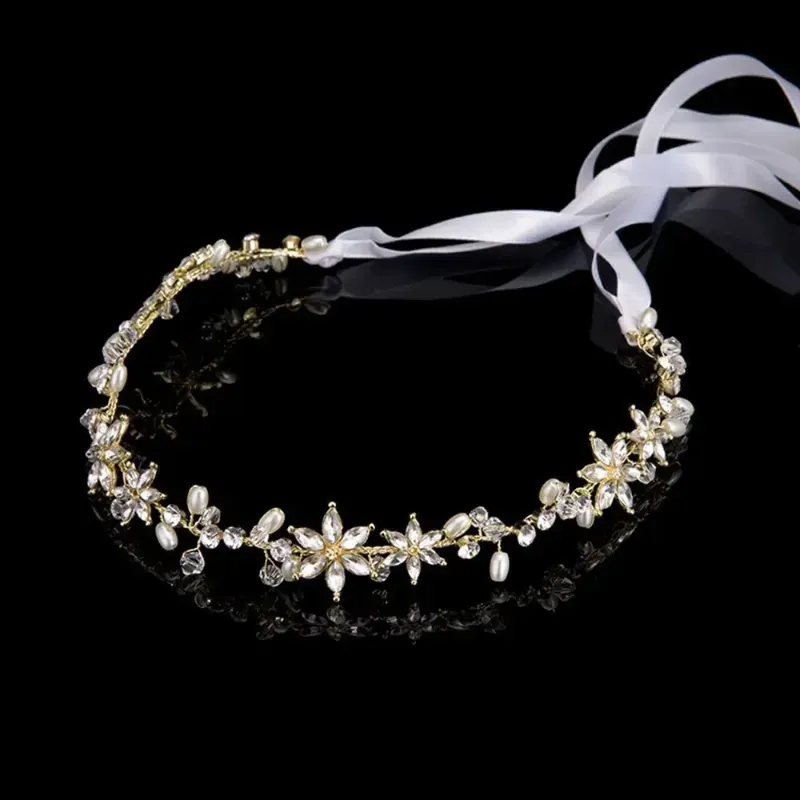 Hair Clips Party Handmade Crown Headwear Bridal Tiara Ornaments Headdress Head Piece Crystal Pearl Bride Hairband With Ribbon
