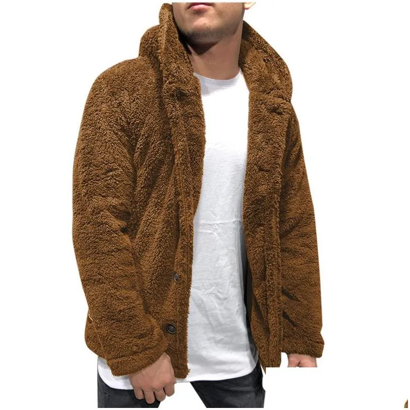 Men`S Jackets Mens Buttons Coat Warm Faux Winter Casual Loose Double-Sided P Hoodie Fluffy Fleece Fur Jacket Hoodies Outerwear Drop De Dhzmq