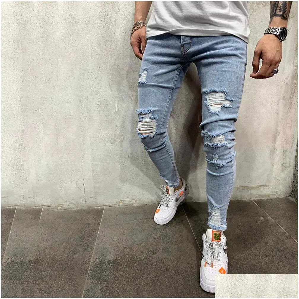 Men`S Jeans Mens Slim Fit Ripped Hole Pencil Pants New Style High Elastic Summer Street Hip Hop Urban Wind Casual Drop Delivery Appar Dh8Xb