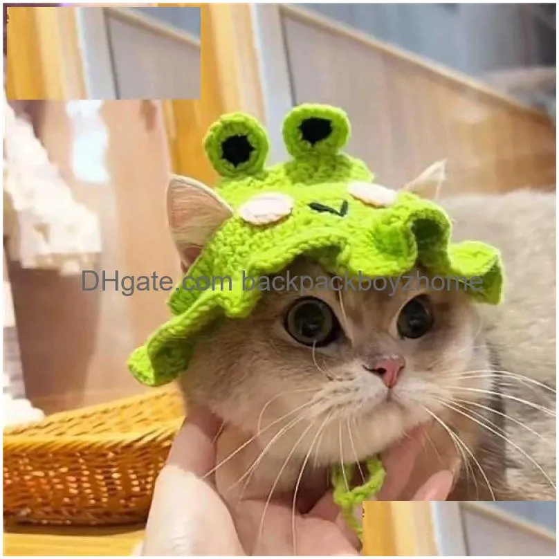 Cat Costumes Pet New Year Decoration Cute Hat Little Frog Sunflower Knitted Open Ears Gift Pastoral Cosplay Clothing Drop Delivery Dhnc1