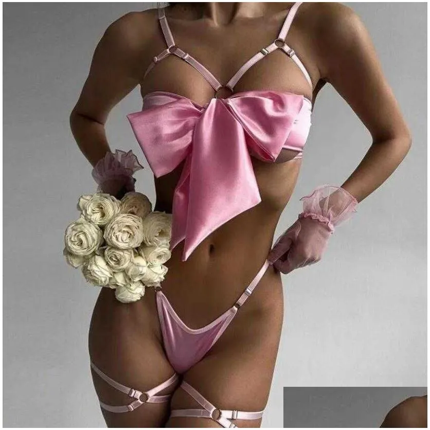 New hot sexy underwear delicate bow hollow sexy three-piece set with steel ring L231229