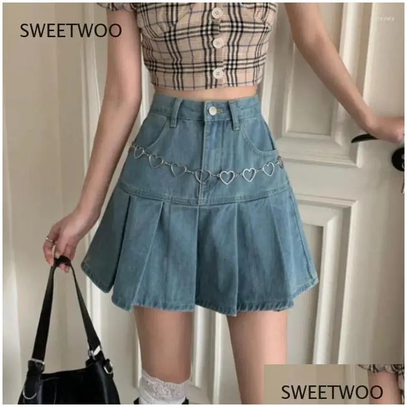 Skirts Casual Denim Mini Skirt Women Summer 2024 High-Waiste Harajuku Y2K Pleated Blue Japanese Korean Style Fashion Clothing